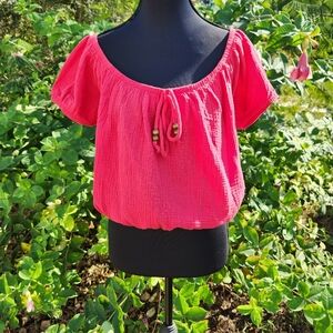 Almost Famous Off The Shoulder Crop Top Boho Shirt With Beaded Ties Size L NWT